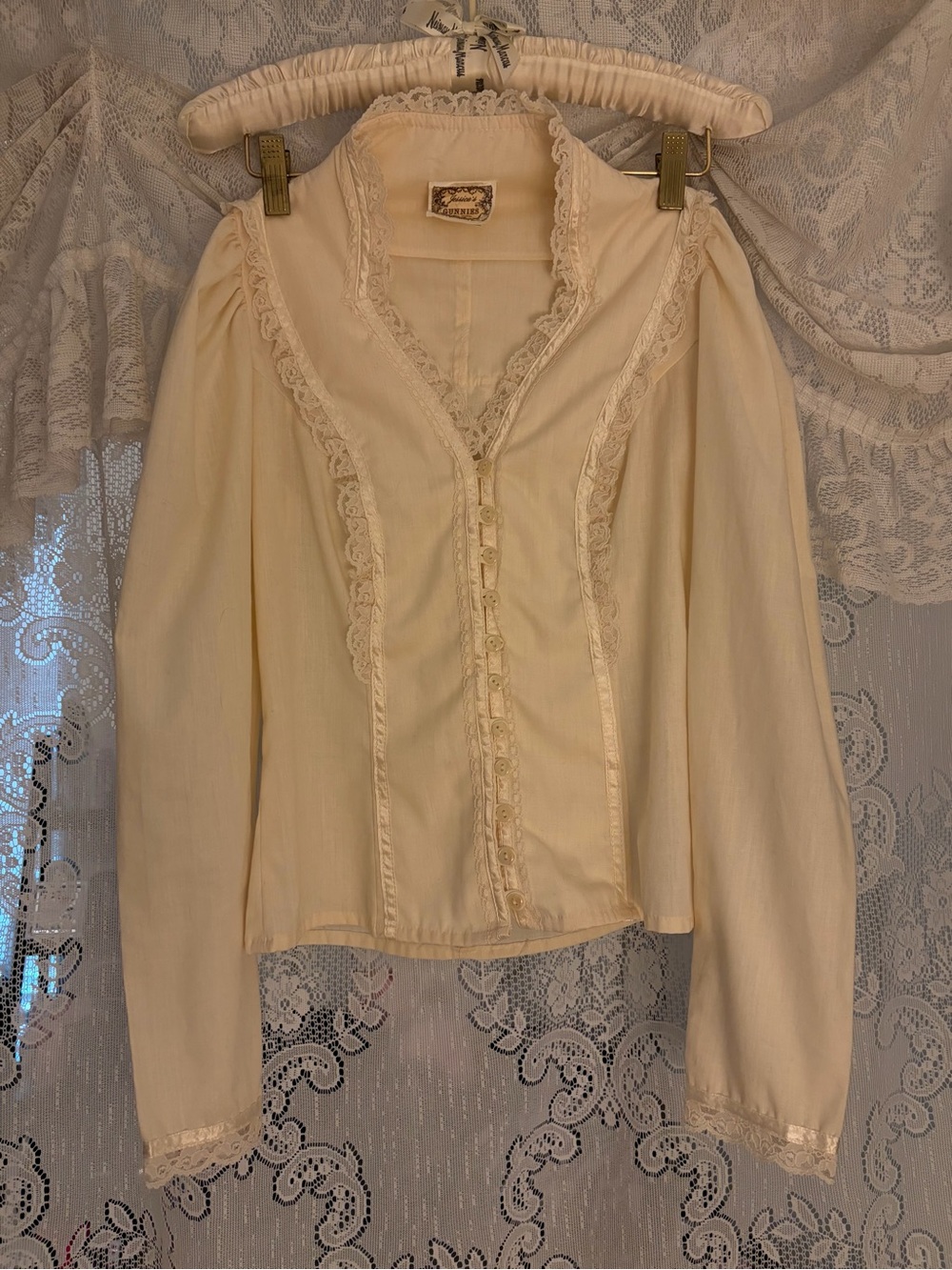 Gunne Sax Cream Lace-Trim Puff Sleeve Blouse